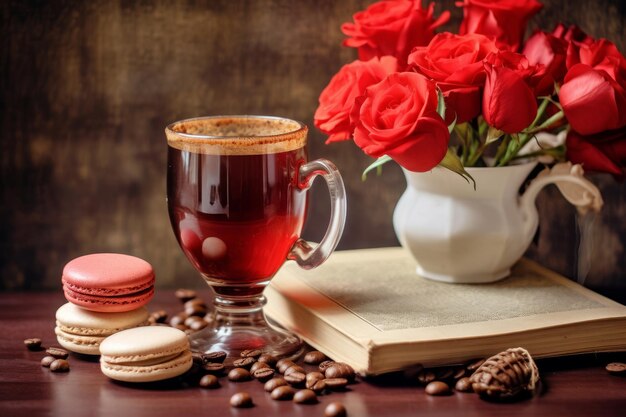 A cup of coffee and a cup of coffee on a table with red roses