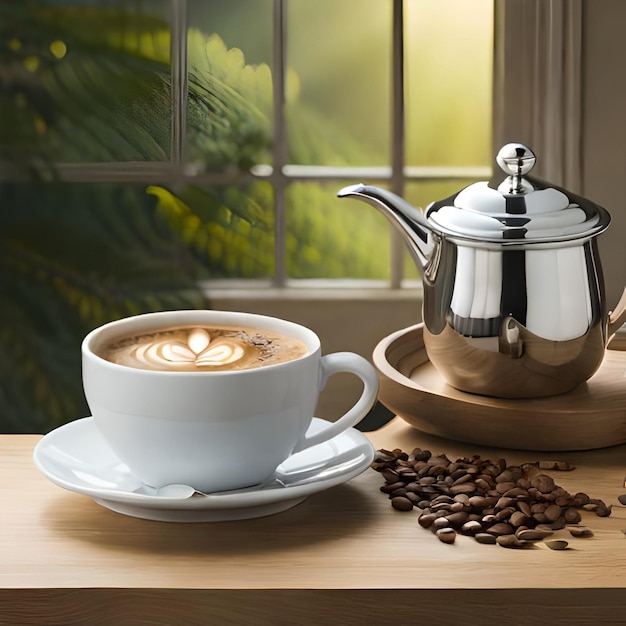 a cup of coffee and a cup of coffee on a table.