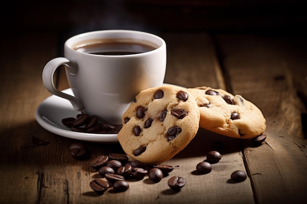 커피 한 잔과 초콜릿 칩을 넣은 커피 한 잔