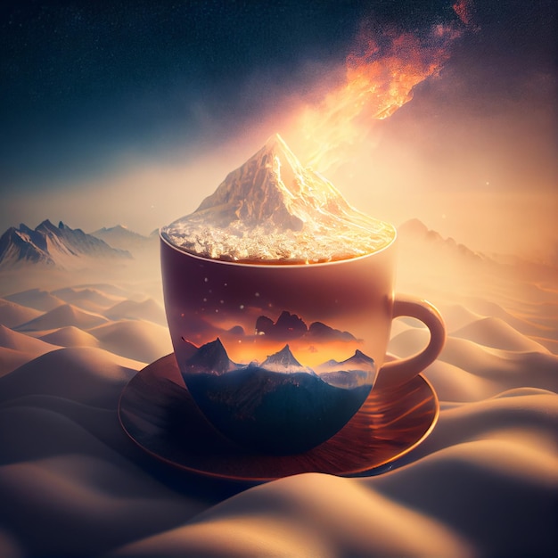 a cup of coffee filled with snowing mountain and sunset