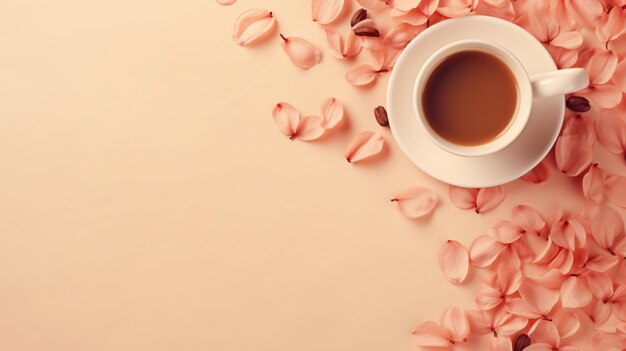 Cup of coffee and flower petals on a beige background