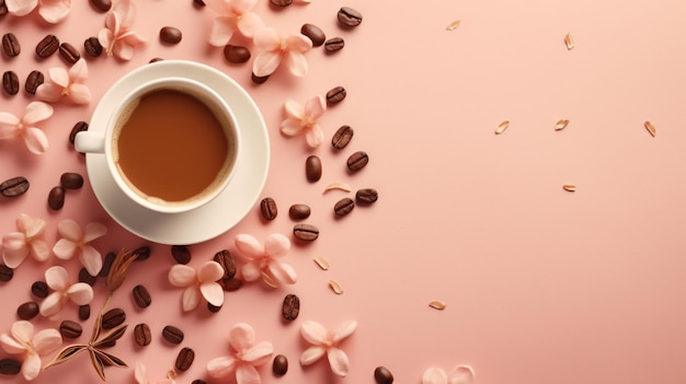 Чашка кофе и лепестки цветов на бежевом фоне