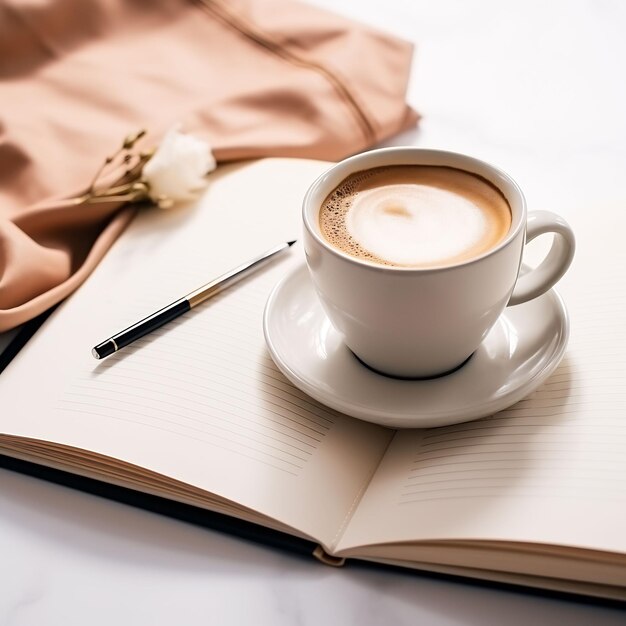 a cup of coffee and a flower on a table