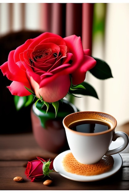 A cup of coffee and a flower in a vase