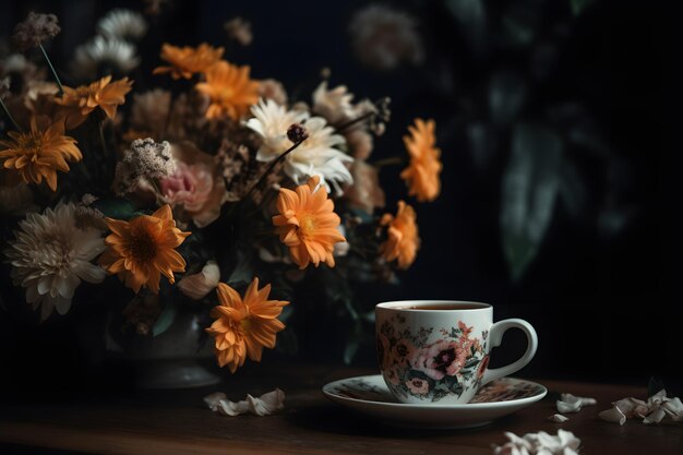 Cup of coffee and flowers on the table Neural network generated in May 2023 Not based on any actual person scene or pattern