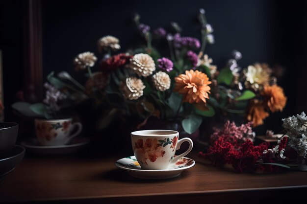 Cup of coffee and flowers on the table Neural network generated in May 2023 Not based on any actual person scene or pattern