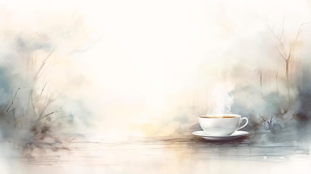 Cup of coffee on a foggy background with copy space