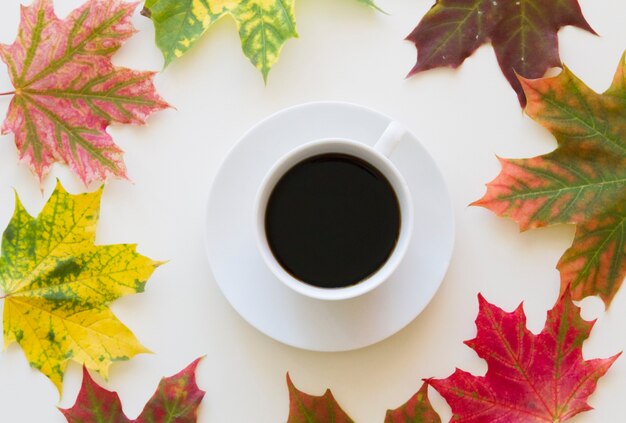 Cup of coffee framed with autumn leavesflat lay top view