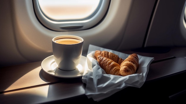 A cup of coffee and fresh croissant served on a business class seats in an airplane