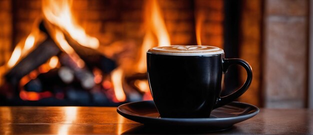 Photo a cup of coffee in front of a cozy fireplace