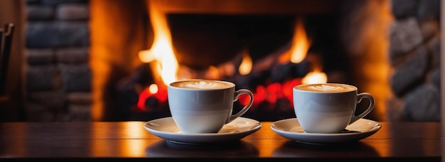Photo a cup of coffee in front of a cozy fireplace