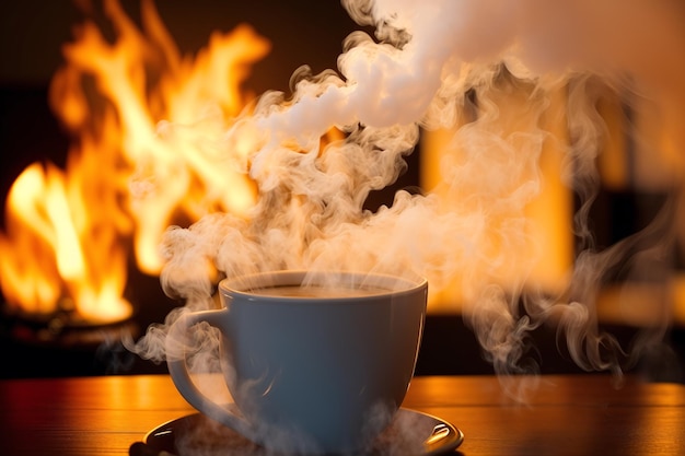 A cup of coffee in front of a fireplace with a fire in the background