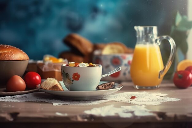 a cup of coffee and a glass of orange juice on a table with a plate of eggs and a glass of orange juice.