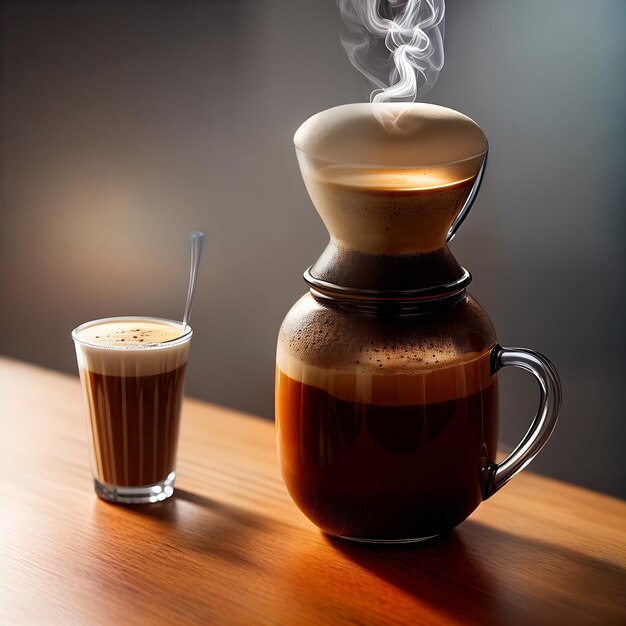 a cup of coffee and a glass of orange liquid on a table.