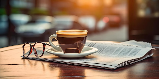 cup of coffee and glasses in newspaper on wooden table in the style of tiltshift lenses