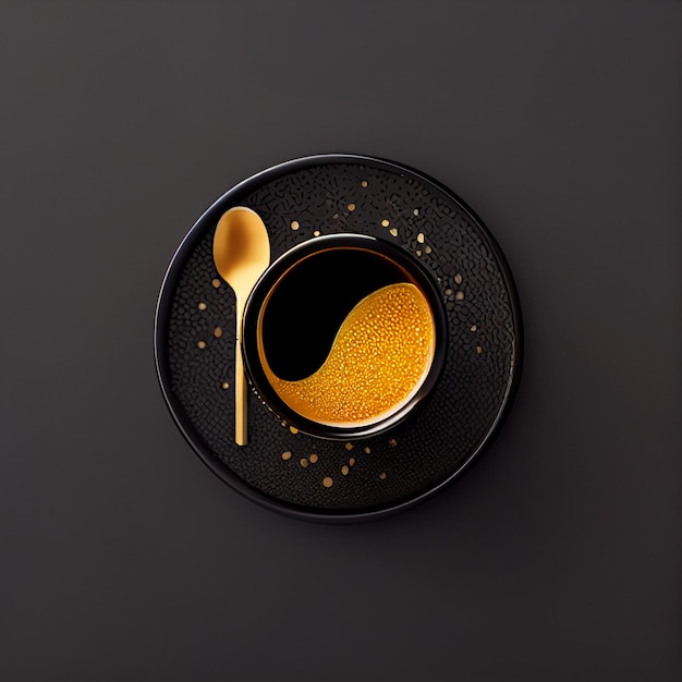 Cup of coffee on gold black background Top View