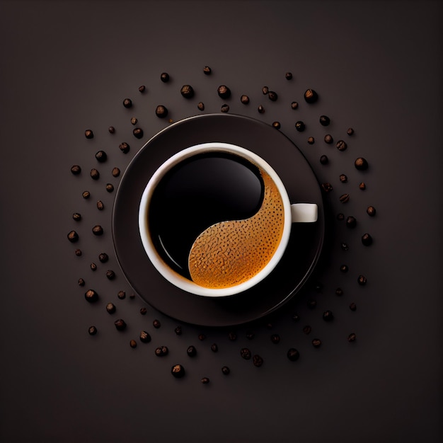 Cup of coffee on gold black background Top View