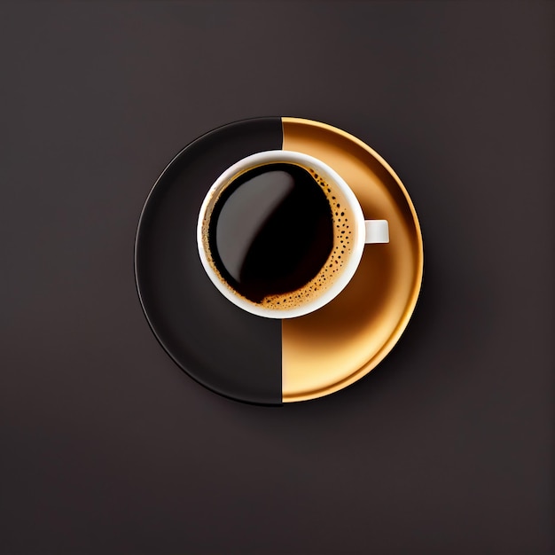 Cup of coffee on gold black background Top View