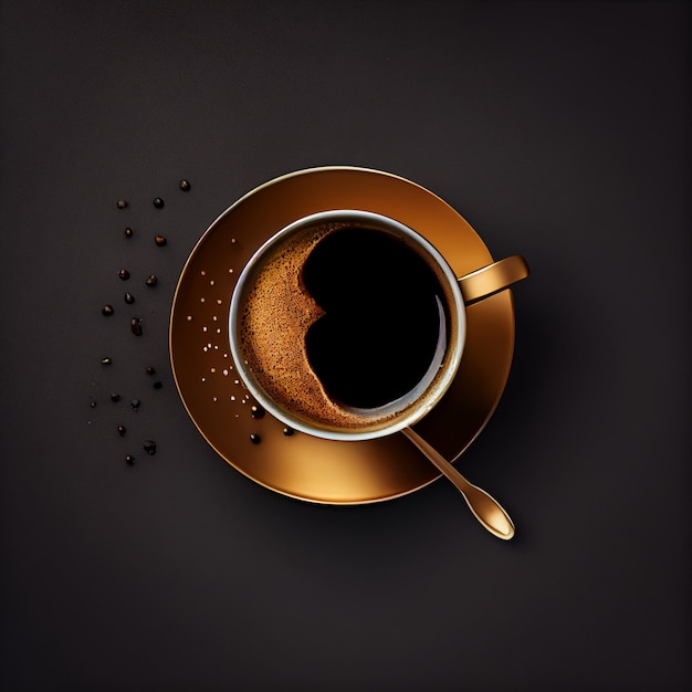 Cup of coffee on gold black background Top View