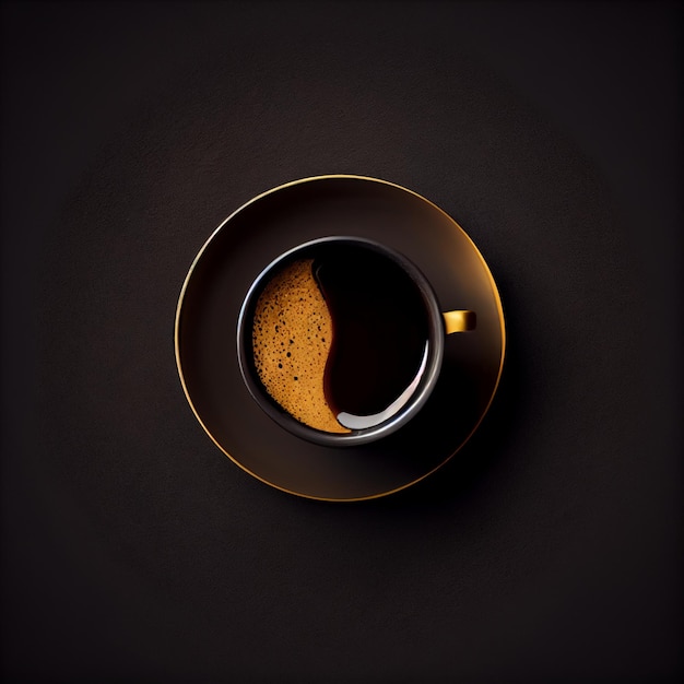 Cup of coffee on gold black background Top View