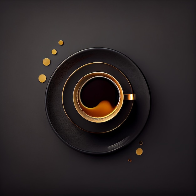 Cup of coffee on gold black background Top View