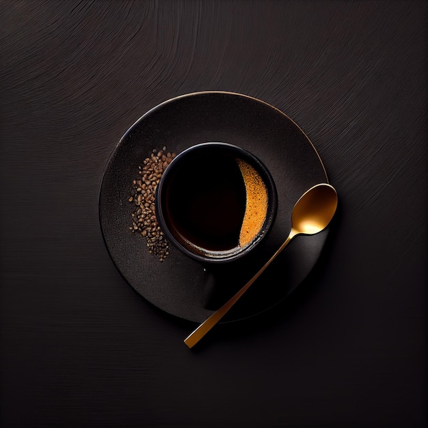 Cup of coffee on gold black background Top View