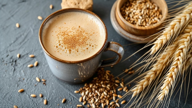 cup of coffee and grains on a black background