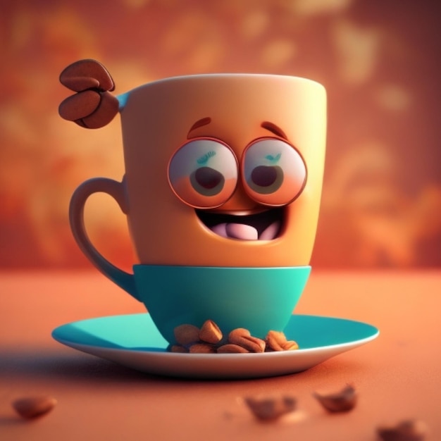 Photo cup of coffee happy comic character illustration