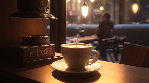 A cup of coffee illuminated by the soft light of a nearby lamp