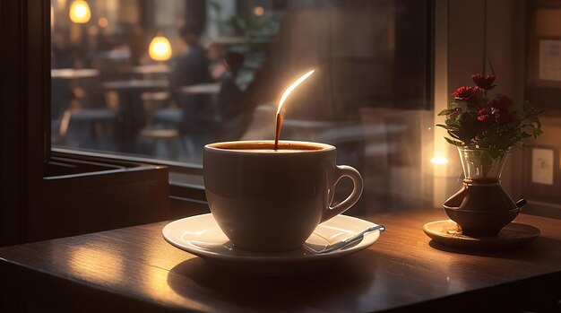 近くのランプの柔らかな光に照らされた一杯のコーヒー
