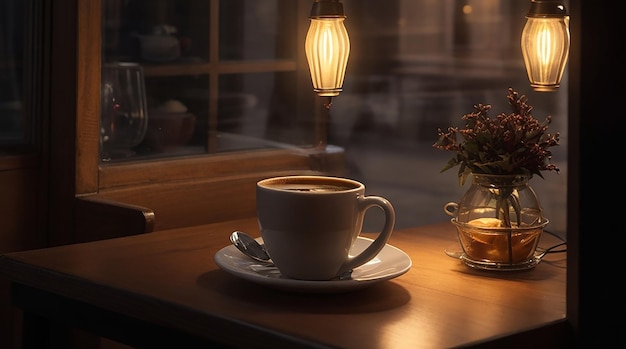 A cup of coffee illuminated by the soft light of a nearby lamp