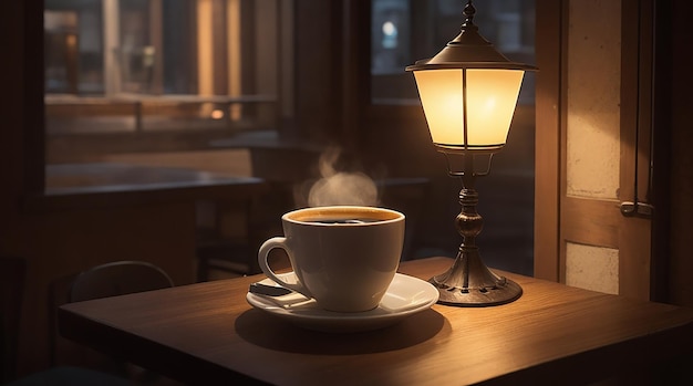A cup of coffee illuminated by the soft light of a nearby lamp
