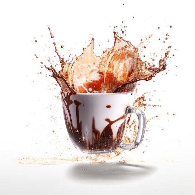 一杯のコーヒーがチョコレートのしぶきとともにカップに注がれています。