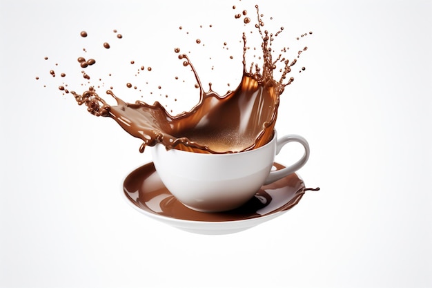 A cup of coffee is being poured into a cup with a splash of chocolate