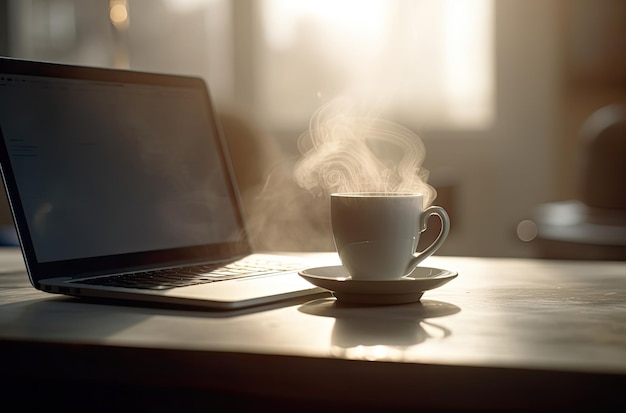 노트북이 있는 책상 위에 커피 한 잔이 있습니다.