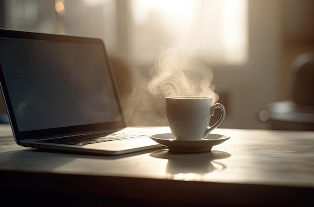 A cup of coffee is on a desk with a laptop on it