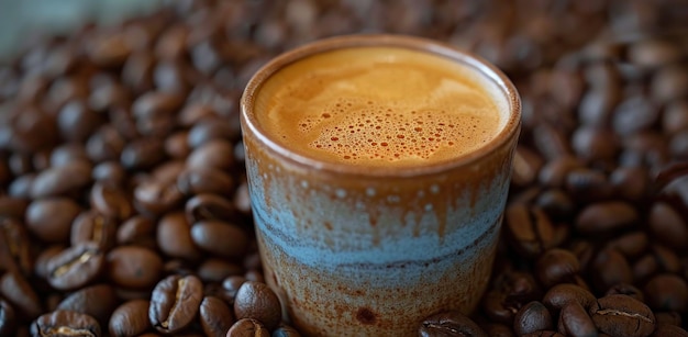 a cup of coffee is in front of lots of coffee beans