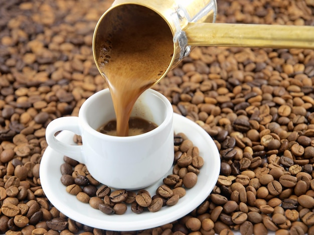 A cup of coffee is poured into a cup.