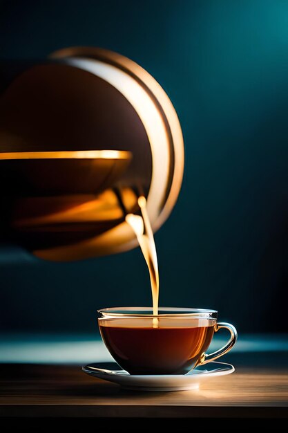 A cup of coffee is pouring from a cup.