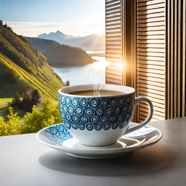 a cup of coffee is on a saucer and a window overlooking a lake.