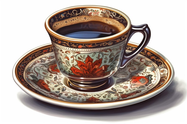 A cup of coffee is on a saucer with a floral pattern.