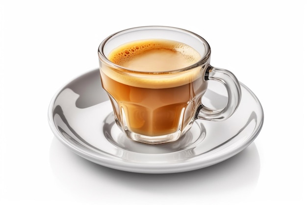 A cup of coffee is on a saucer with a white background.