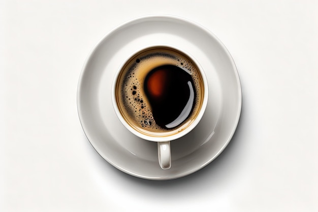 A cup of coffee is shown in top view isolated on a white background