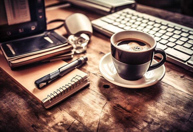 A cup of coffee is sitting next to the keyboard and a pen