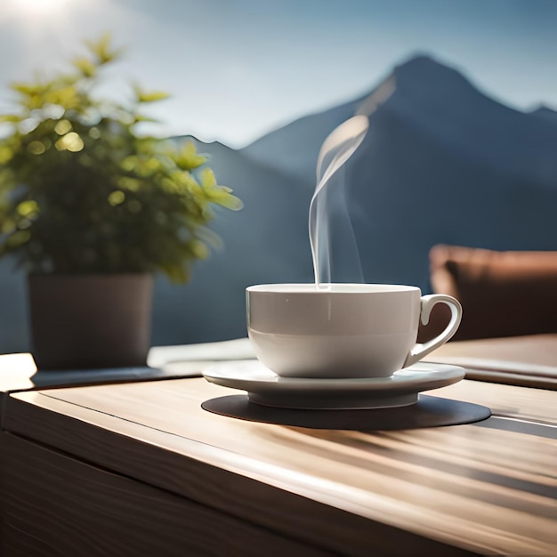 A cup of coffee is on a table with a plant in the background.