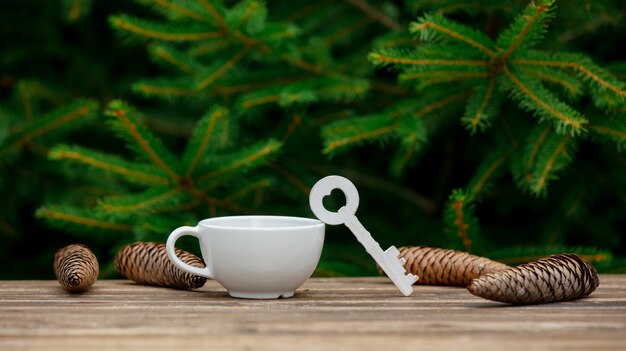 Cup of coffee and key on wooden table with spruce branches on background