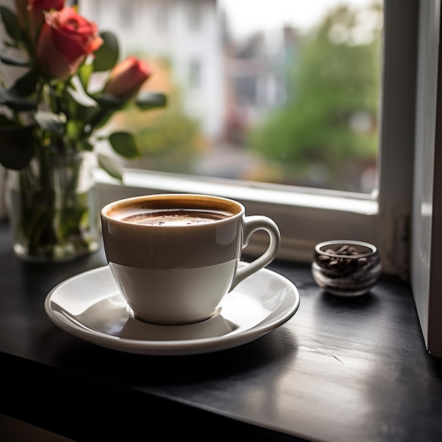 cup of coffee at the kitchen window