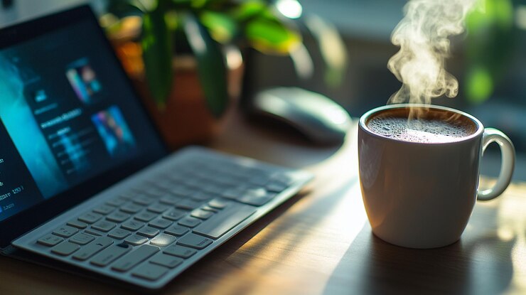 a cup of coffee next to a laptop computer