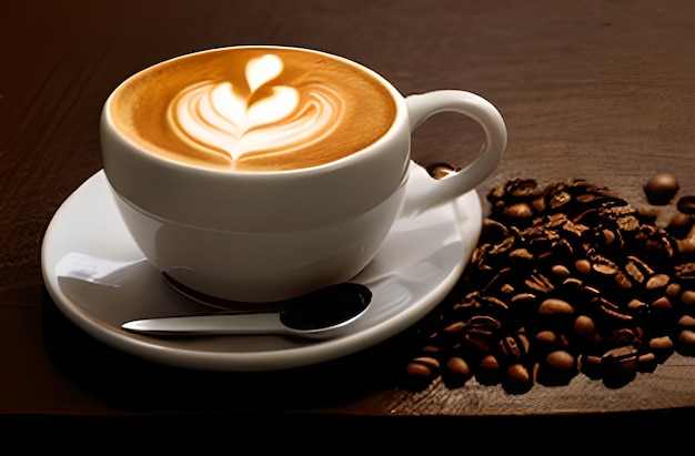 Чашка кофе латте в форме сердца и кофейная иллюстрация Сгенерировано AI