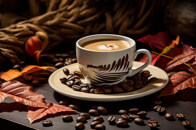 Cup of coffee latte with heart shape and coffee beans on old wooden background